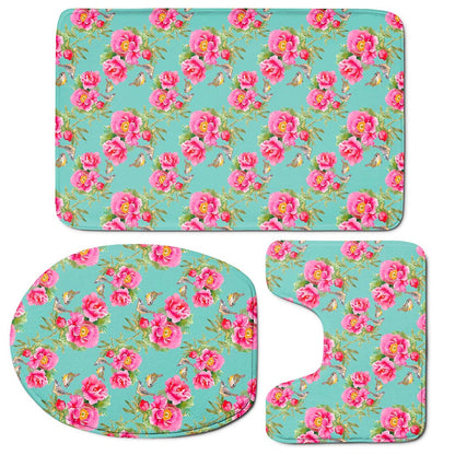 Bird Pink Floral Flower Pattern Print 3 Piece Bath Mat Set