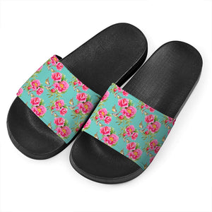 Bird Pink Floral Flower Pattern Print Black Slide Sandals