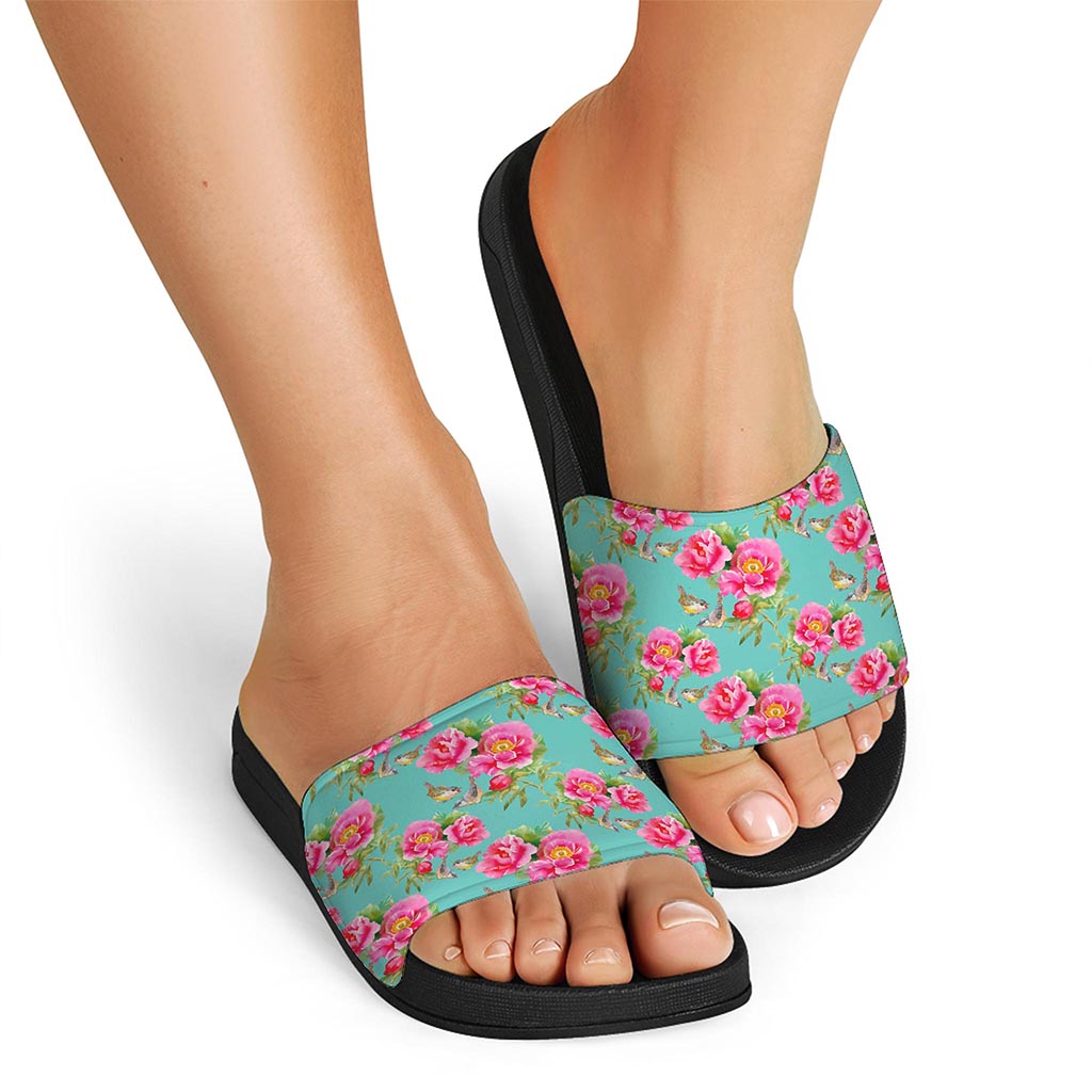 Bird Pink Floral Flower Pattern Print Black Slide Sandals