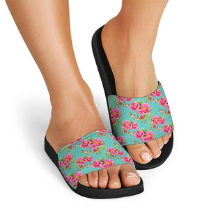 Bird Pink Floral Flower Pattern Print Black Slide Sandals