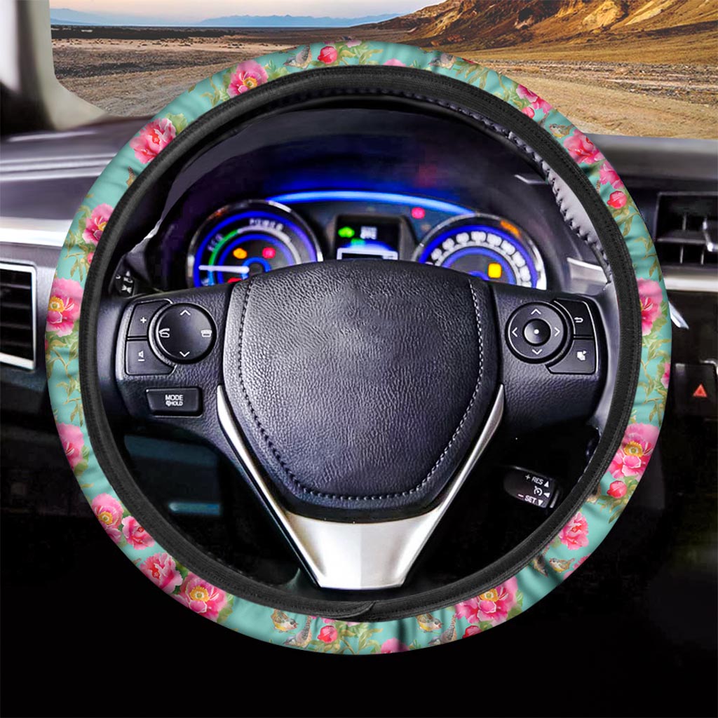Bird Pink Floral Flower Pattern Print Car Steering Wheel Cover
