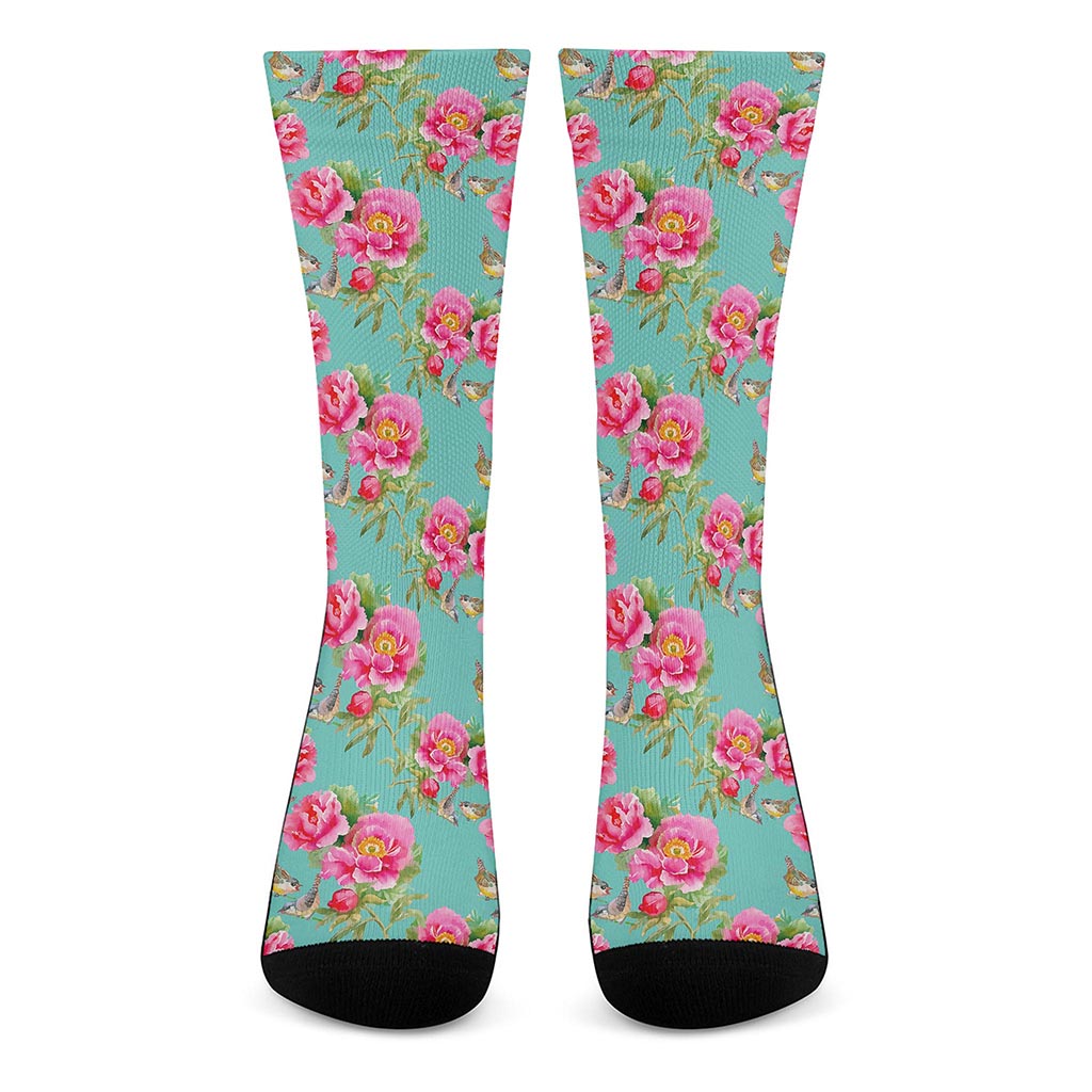 Bird Pink Floral Flower Pattern Print Crew Socks