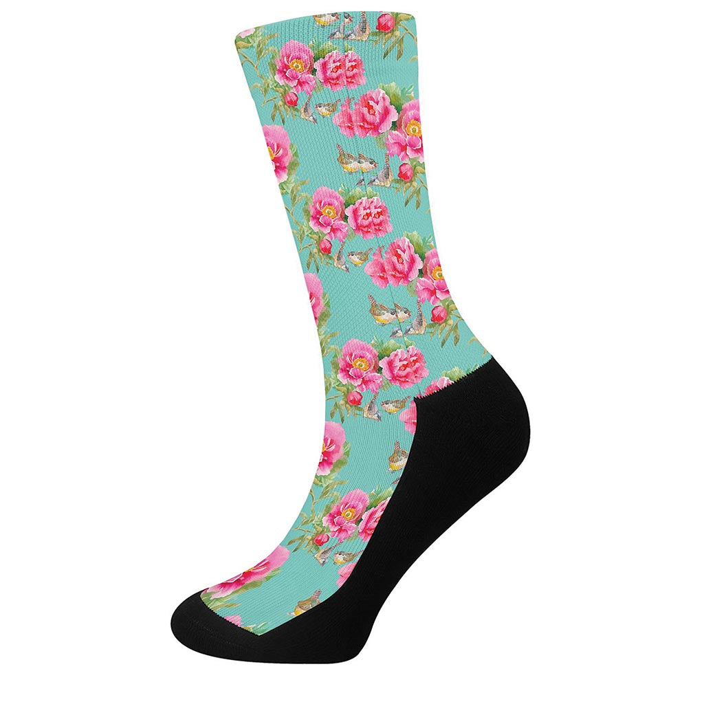 Bird Pink Floral Flower Pattern Print Crew Socks