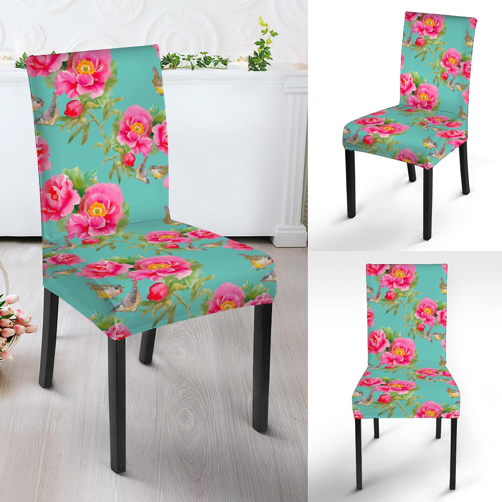 Bird Pink Floral Flower Pattern Print Dining Chair Slipcover