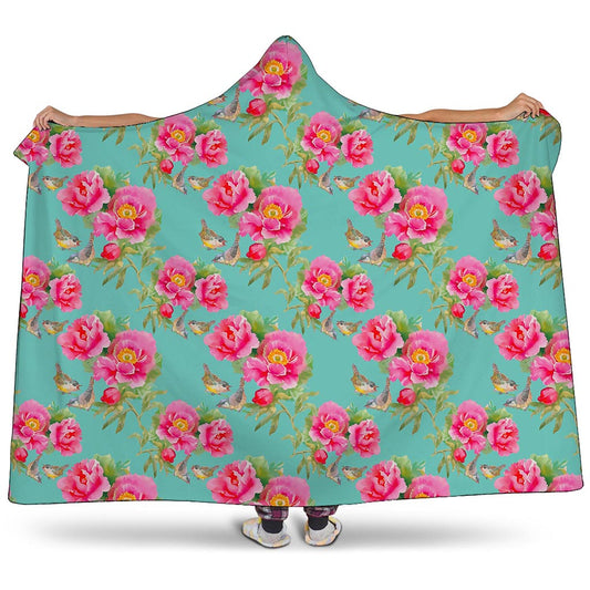 Bird Pink Floral Flower Pattern Print Hooded Blanket