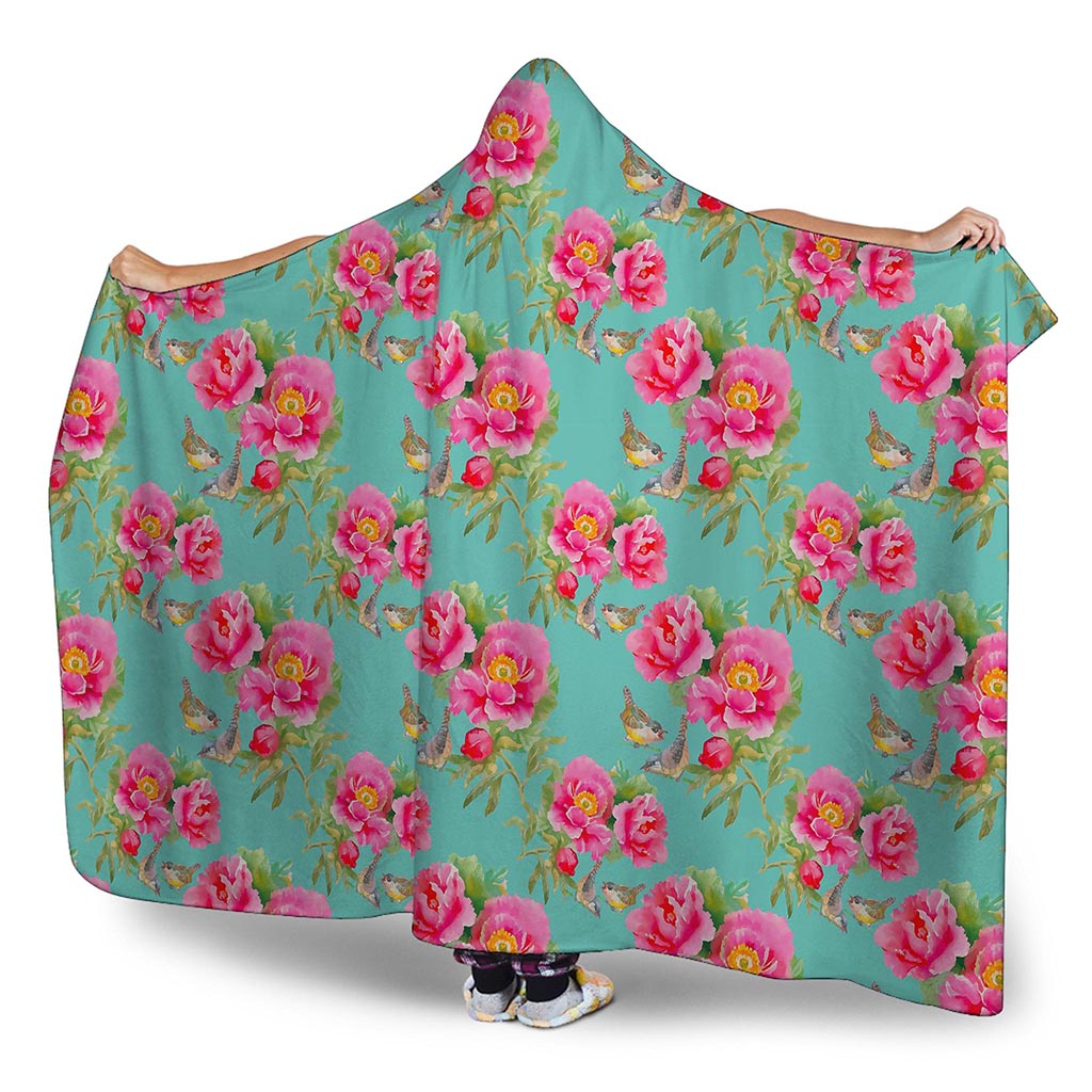 Bird Pink Floral Flower Pattern Print Hooded Blanket