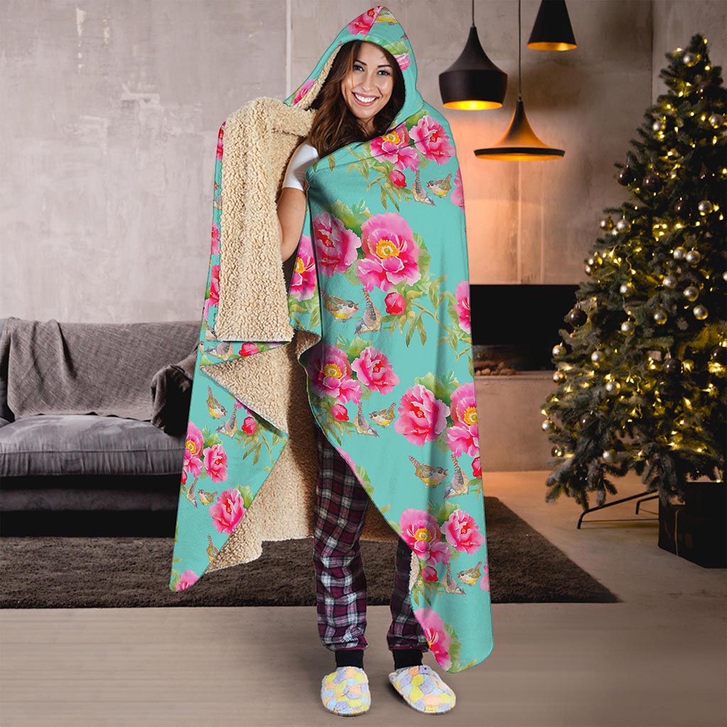 Bird Pink Floral Flower Pattern Print Hooded Blanket