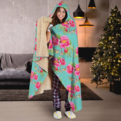 Bird Pink Floral Flower Pattern Print Hooded Blanket