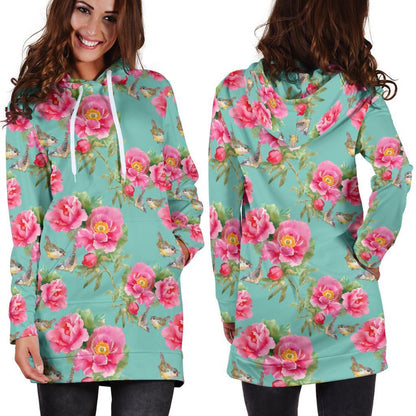Bird Pink Floral Flower Pattern Print Hoodie Dress GearFrost