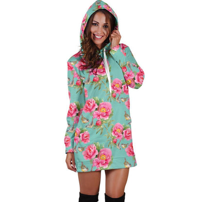 Bird Pink Floral Flower Pattern Print Hoodie Dress GearFrost