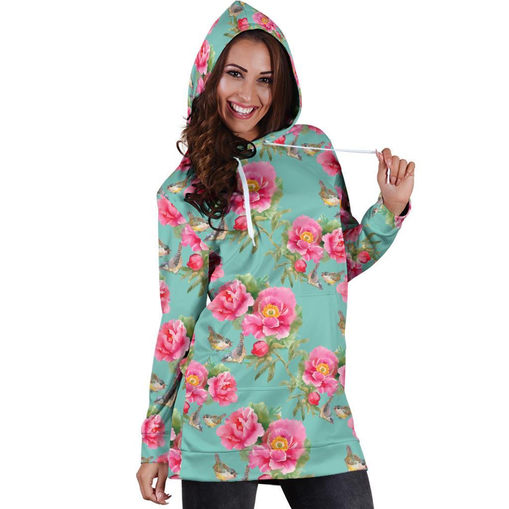 Bird Pink Floral Flower Pattern Print Hoodie Dress GearFrost