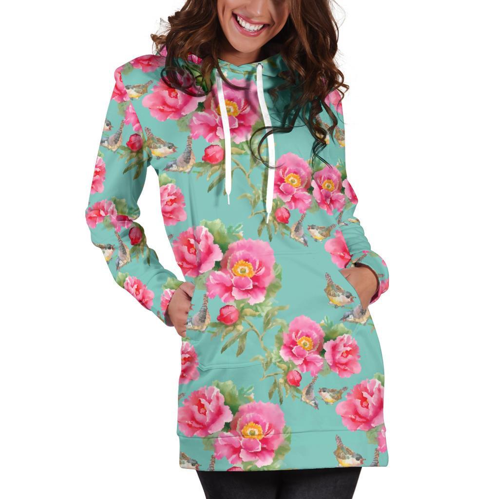 Bird Pink Floral Flower Pattern Print Hoodie Dress GearFrost
