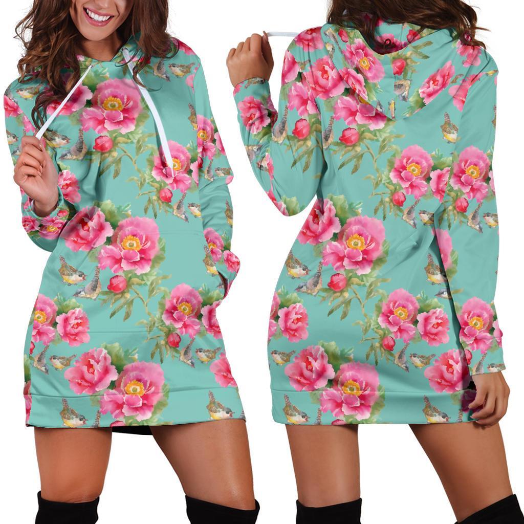Bird Pink Floral Flower Pattern Print Hoodie Dress GearFrost