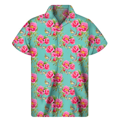 Bird Pink Floral Flower Pattern Print Men's Short Sleeve Shirt