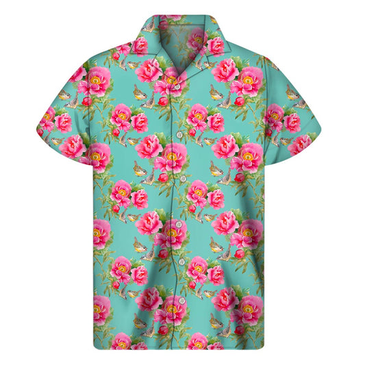 Bird Pink Floral Flower Pattern Print Men's Short Sleeve Shirt