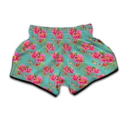 Bird Pink Floral Flower Pattern Print Muay Thai Boxing Shorts