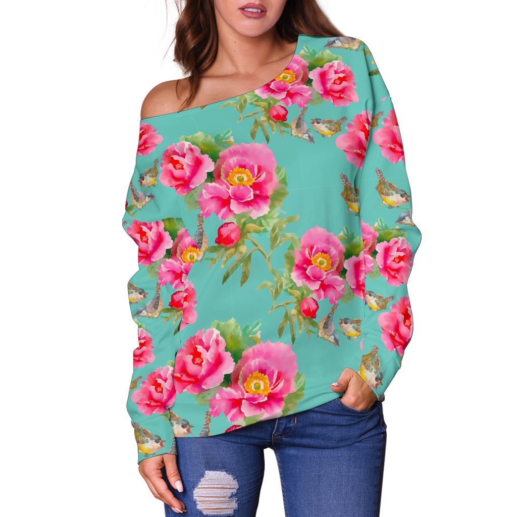 Bird Pink Floral Flower Pattern Print Off Shoulder Sweatshirt GearFrost