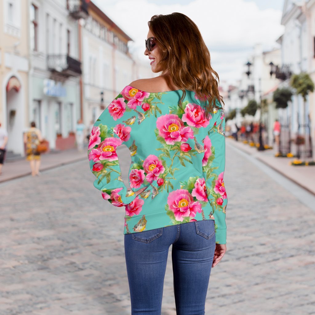 Bird Pink Floral Flower Pattern Print Off Shoulder Sweatshirt GearFrost