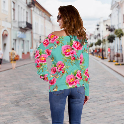Bird Pink Floral Flower Pattern Print Off Shoulder Sweatshirt GearFrost