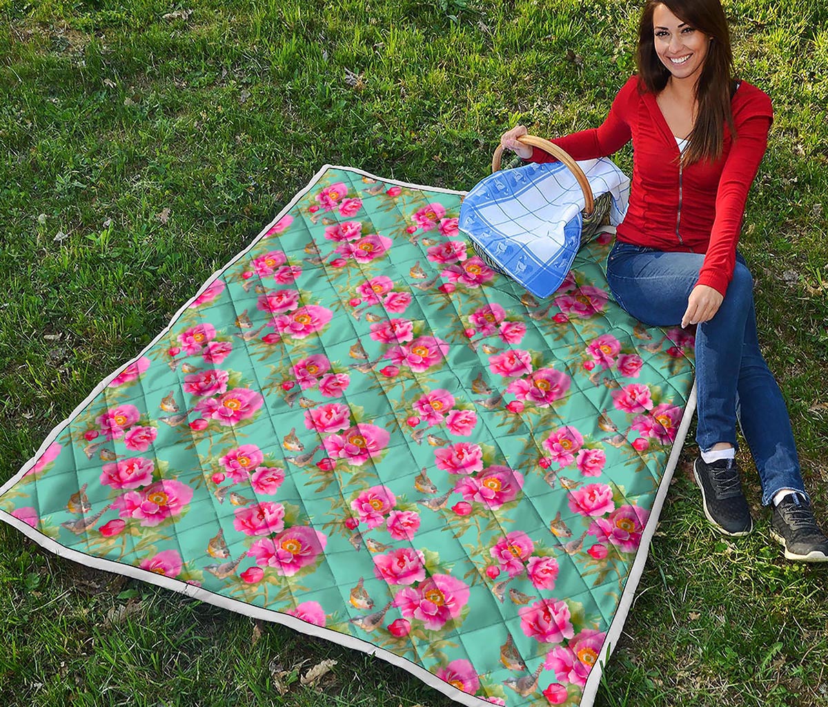 Bird Pink Floral Flower Pattern Print Quilt