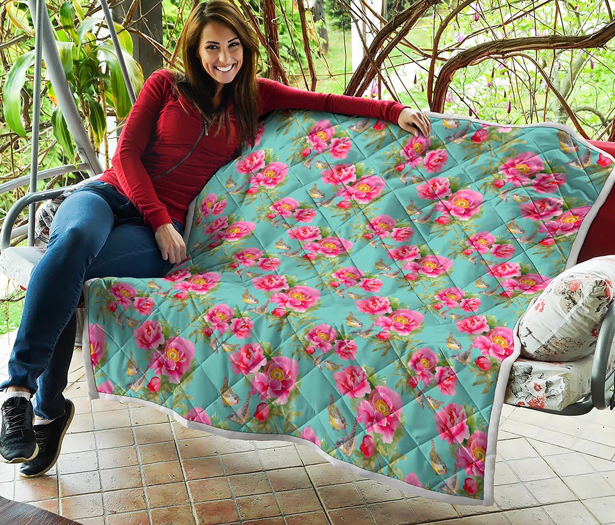 Bird Pink Floral Flower Pattern Print Quilt