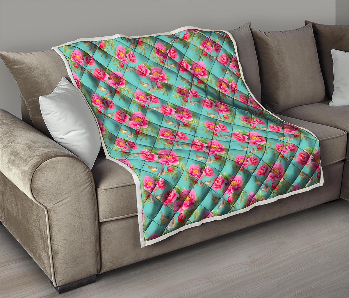 Bird Pink Floral Flower Pattern Print Quilt