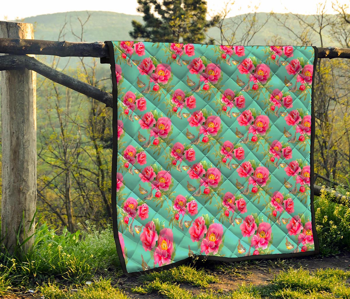 Bird Pink Floral Flower Pattern Print Quilt