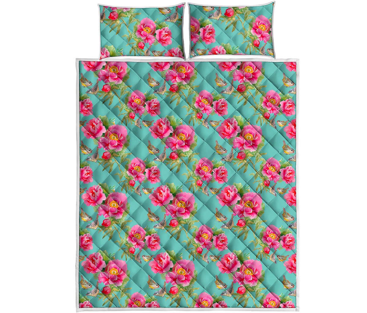 Bird Pink Floral Flower Pattern Print Quilt Bed Set