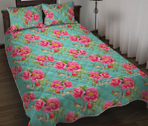 Bird Pink Floral Flower Pattern Print Quilt Bed Set