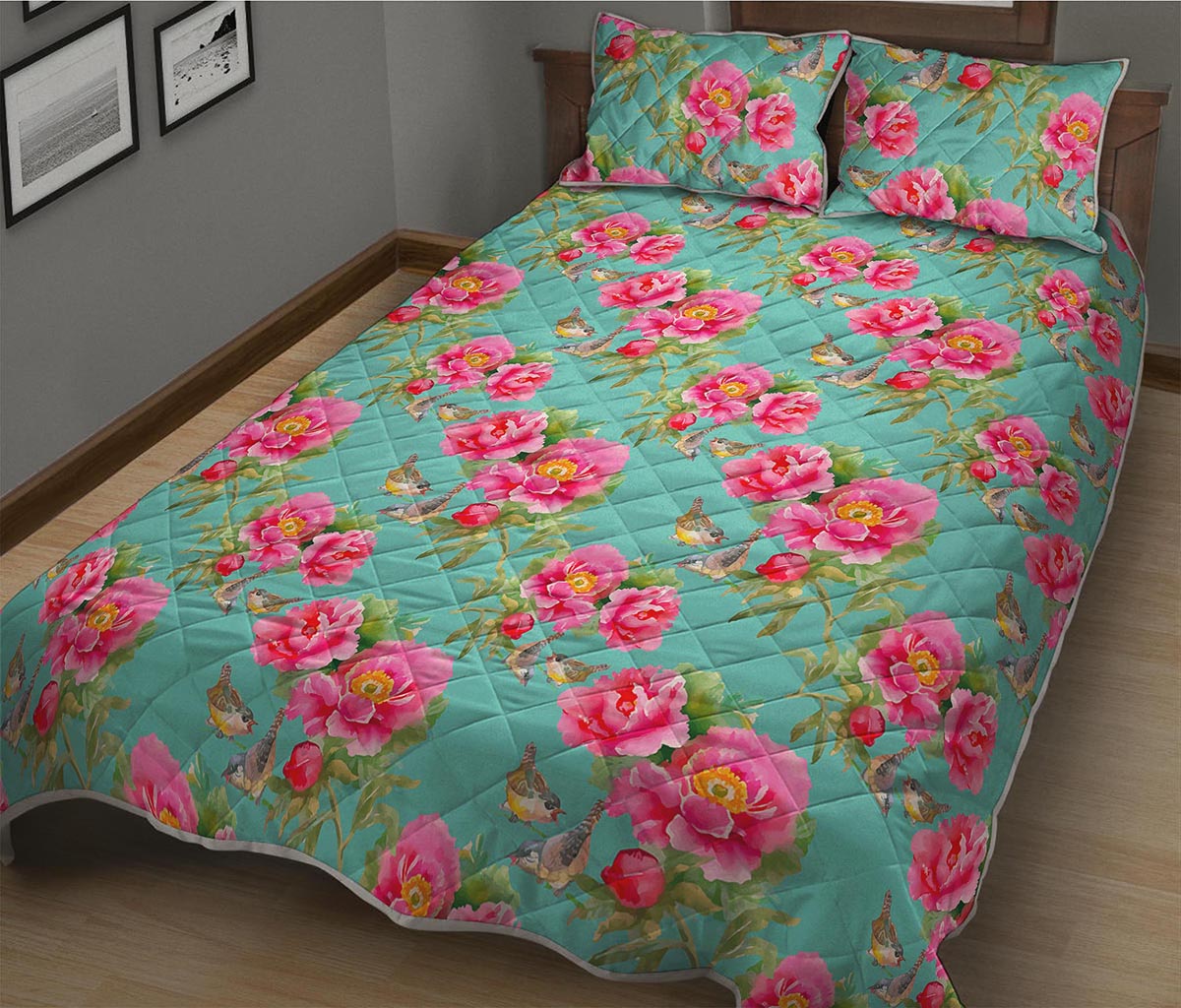 Bird Pink Floral Flower Pattern Print Quilt Bed Set