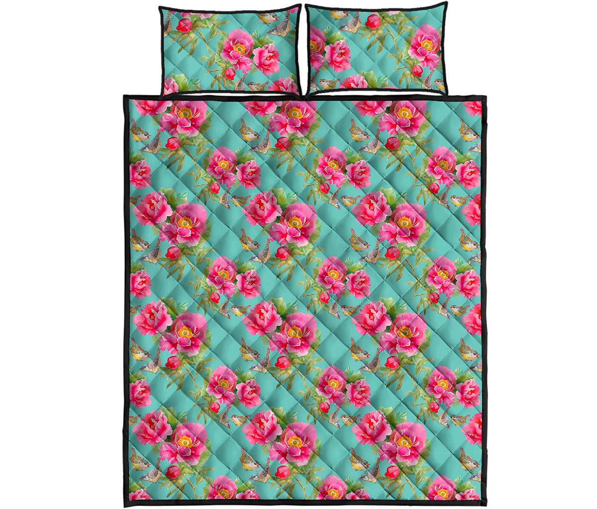 Bird Pink Floral Flower Pattern Print Quilt Bed Set