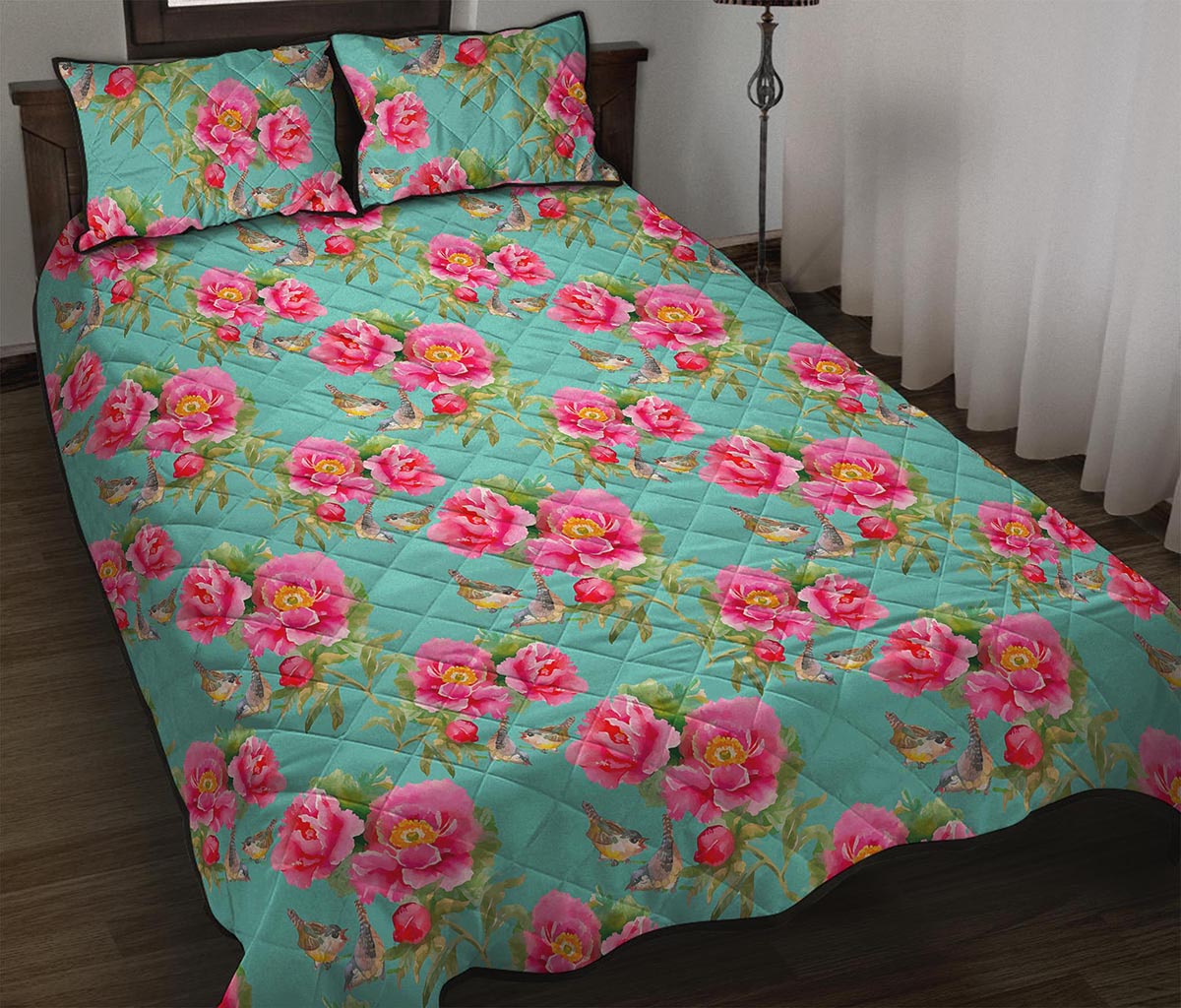 Bird Pink Floral Flower Pattern Print Quilt Bed Set