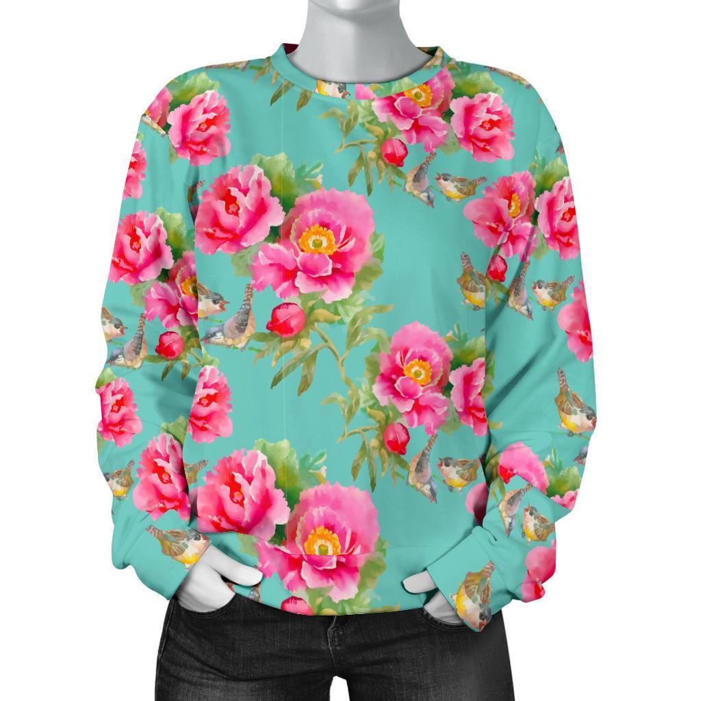 Bird Pink Floral Flower Pattern Print Women's Crewneck Sweatshirt GearFrost