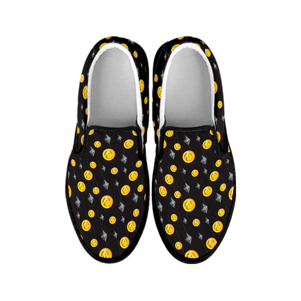 Bitcoin And Ethereum Pattern Print Black Slip On Shoes