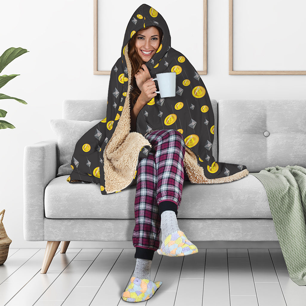 Bitcoin And Ethereum Pattern Print Hooded Blanket