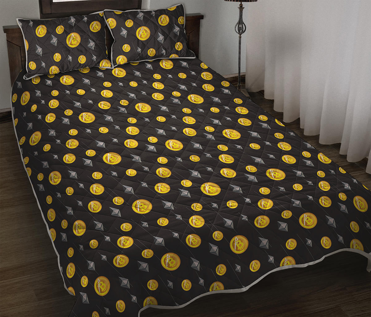 Bitcoin And Ethereum Pattern Print Quilt Bed Set