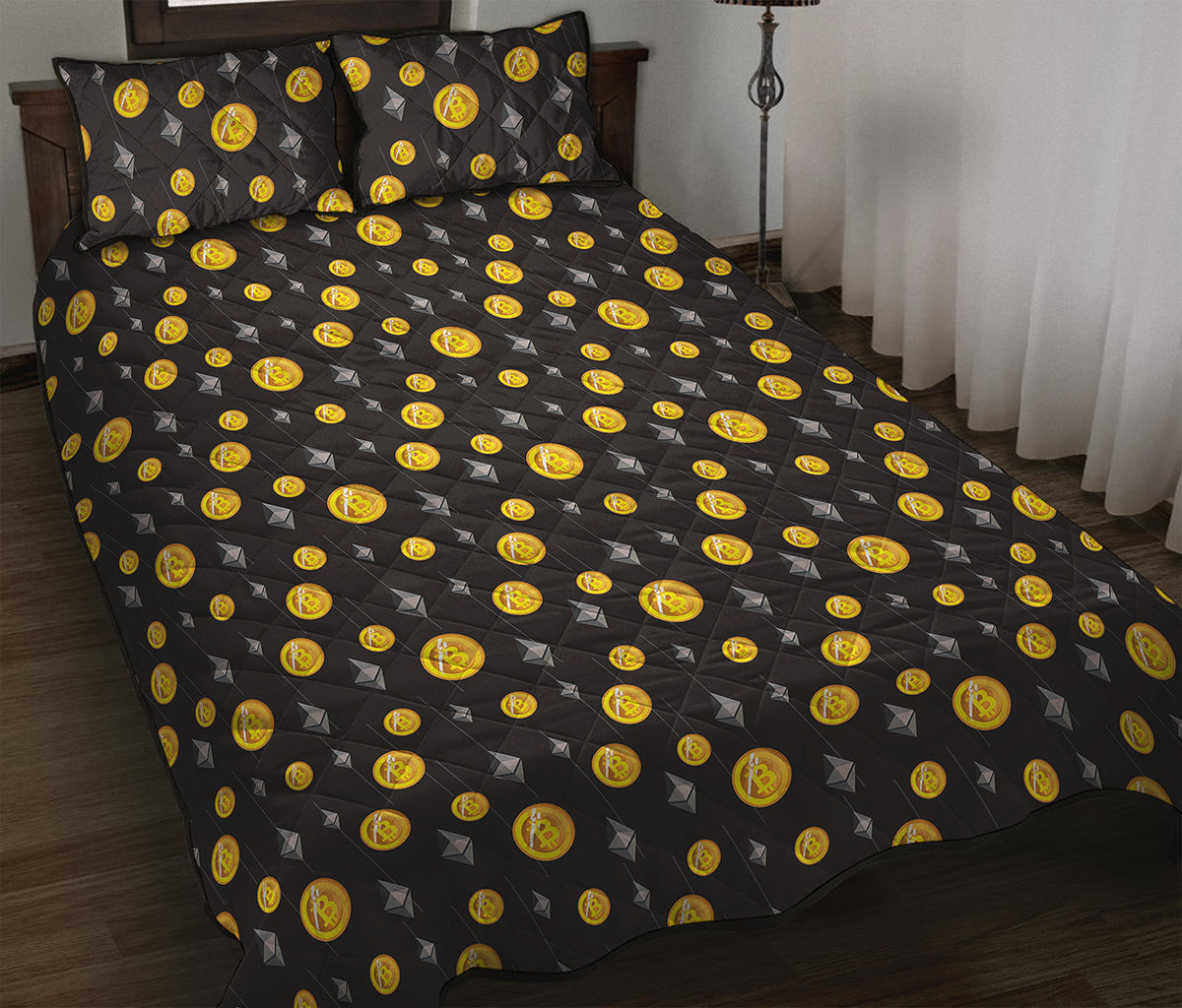 Bitcoin And Ethereum Pattern Print Quilt Bed Set