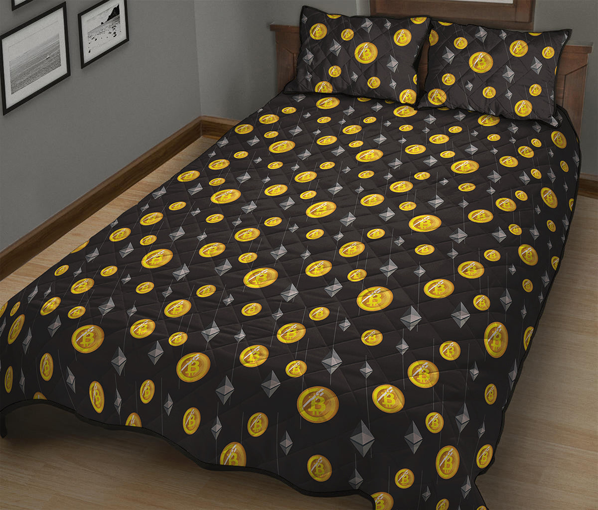 Bitcoin And Ethereum Pattern Print Quilt Bed Set