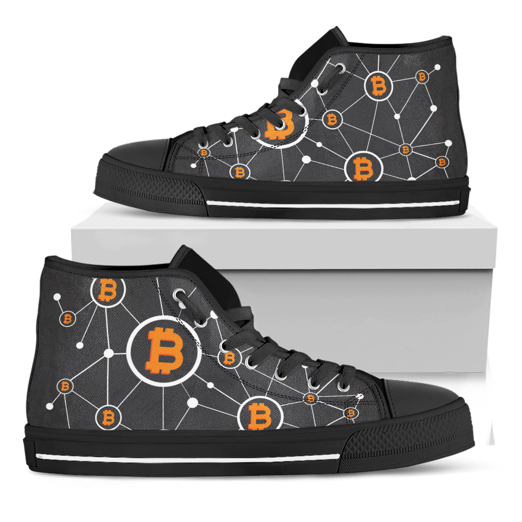 Bitcoin Connection Pattern Print Black High Top Shoes