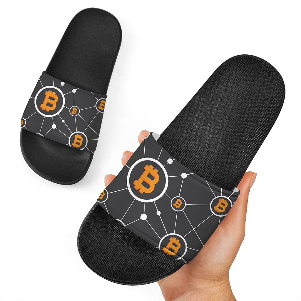 Bitcoin Connection Pattern Print Black Slide Sandals