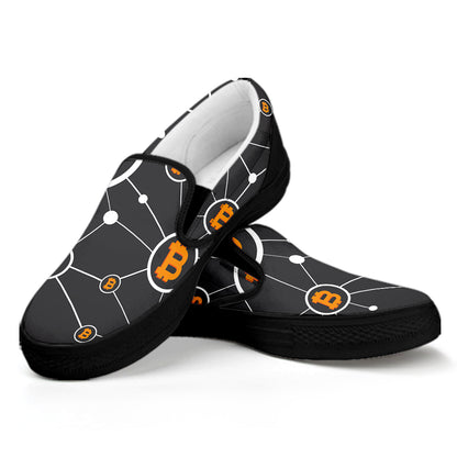 Bitcoin Connection Pattern Print Black Slip On Shoes