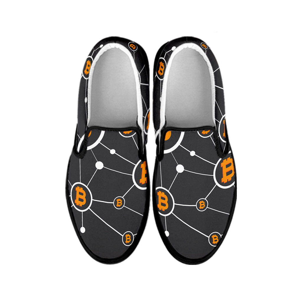 Bitcoin Connection Pattern Print Black Slip On Shoes
