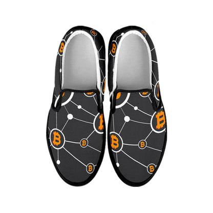 Bitcoin Connection Pattern Print Black Slip On Shoes