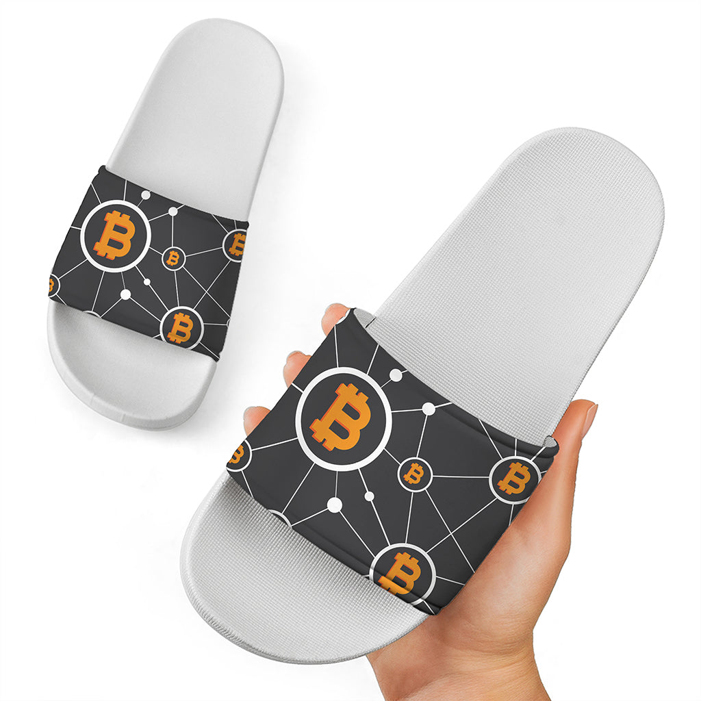 Bitcoin Connection Pattern Print White Slide Sandals