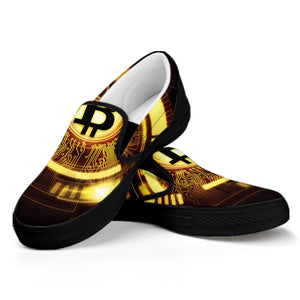 Bitcoin Crypto Symbol Print Black Slip On Shoes