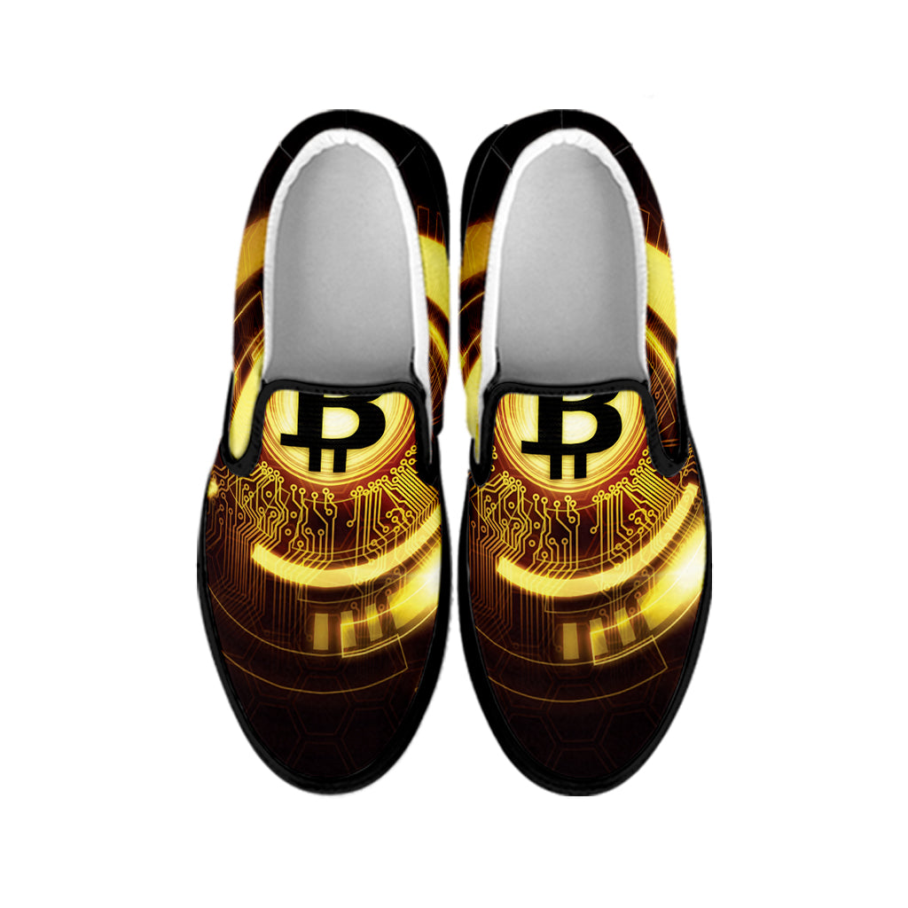 Bitcoin Crypto Symbol Print Black Slip On Shoes