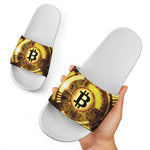 Bitcoin Crypto Symbol Print White Slide Sandals