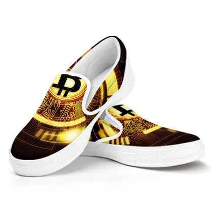 Bitcoin Crypto Symbol Print White Slip On Shoes
