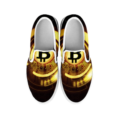 Bitcoin Crypto Symbol Print White Slip On Shoes