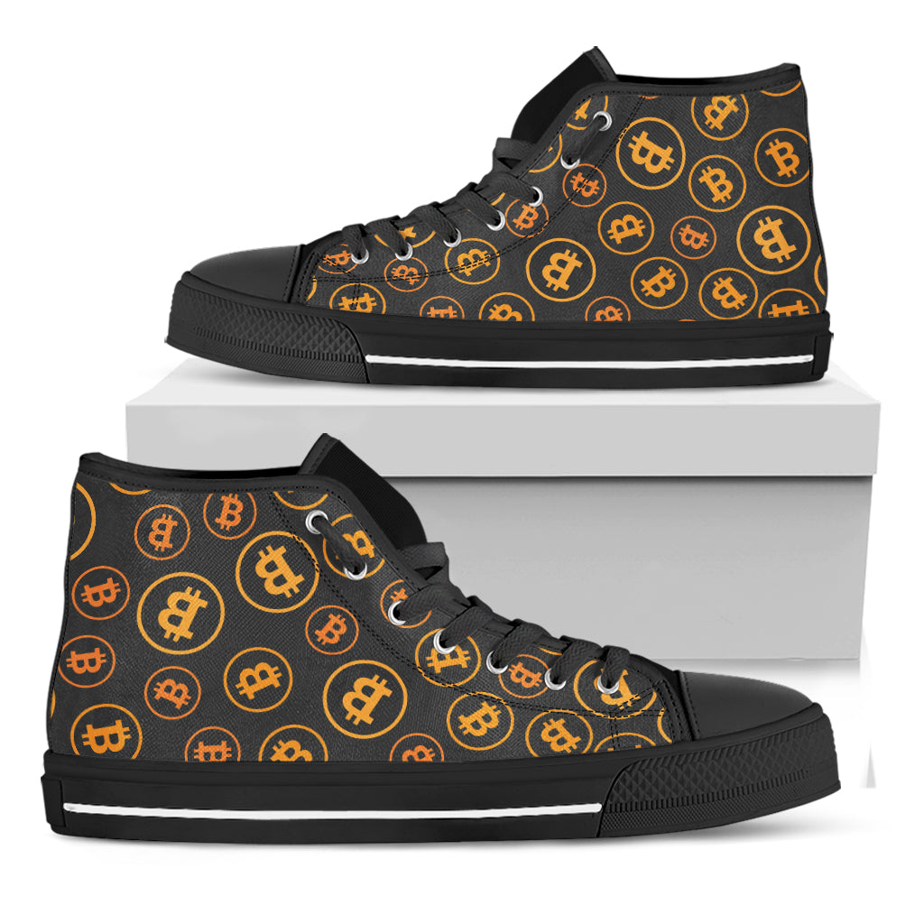 Bitcoin Cryptocurrency Pattern Print Black High Top Shoes